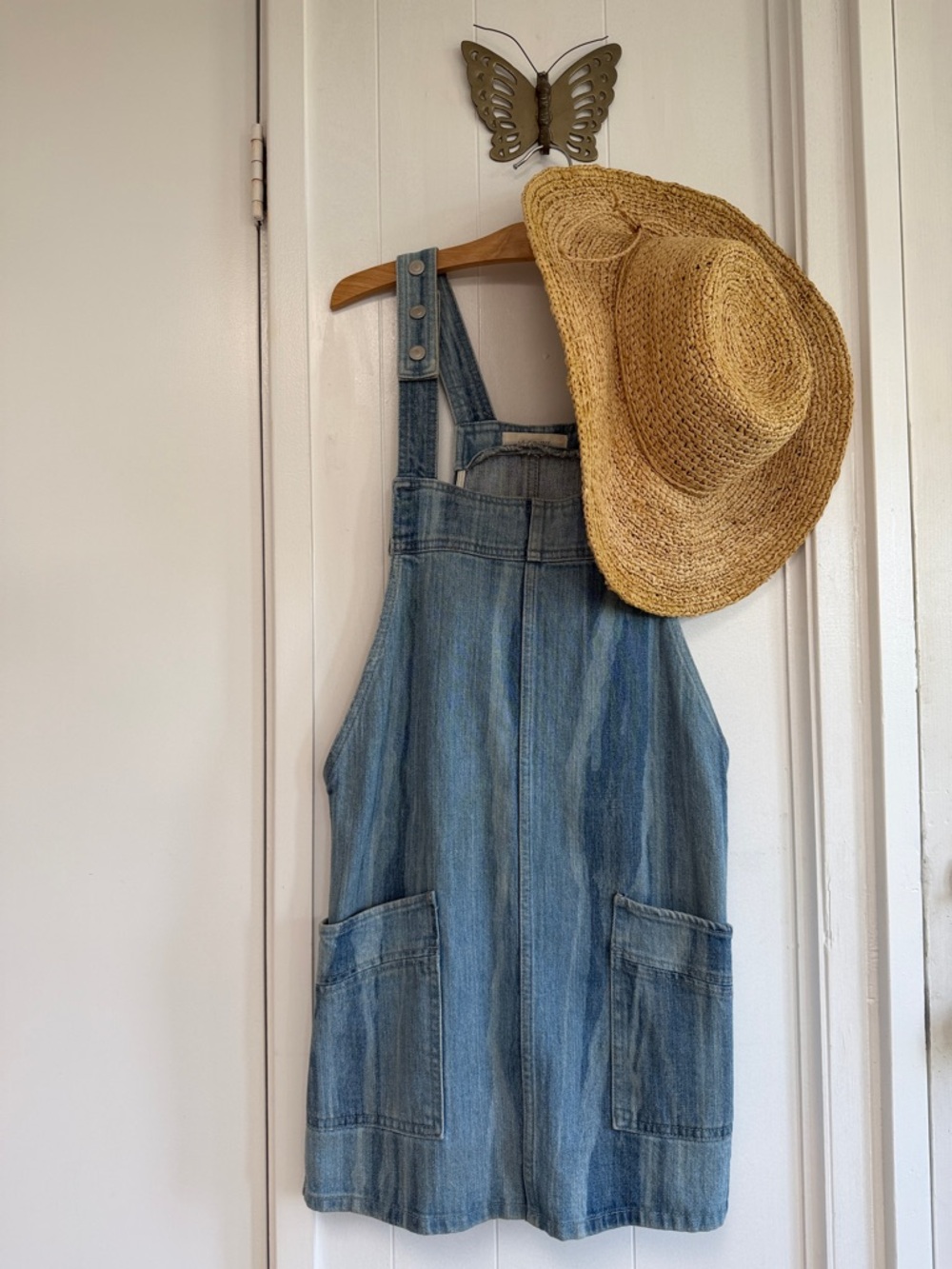 Free People We the Free Distressed Overall Denim Dress in Light Blue